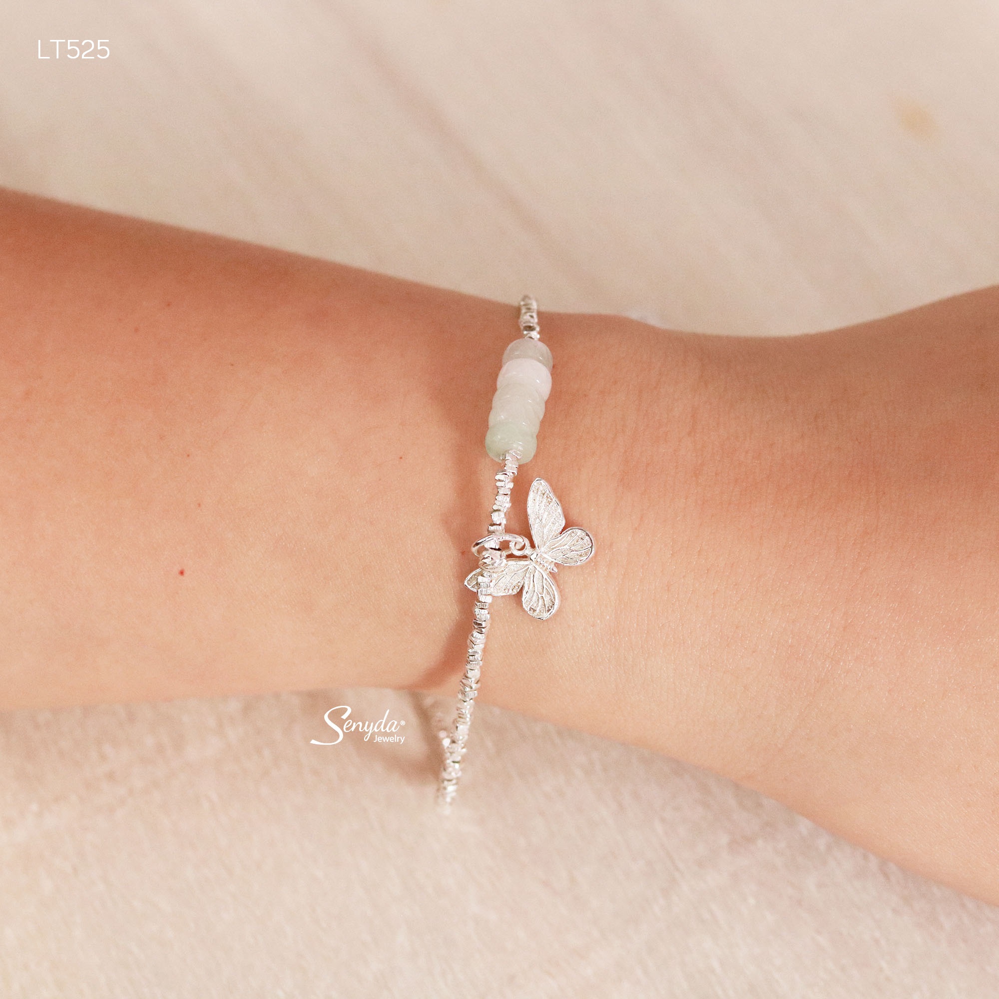 LT525 Lắc tay bạc Ý Senyda xỏ khối bạc vuông nhỏ phối đá thiên nhiên charm bướm treo