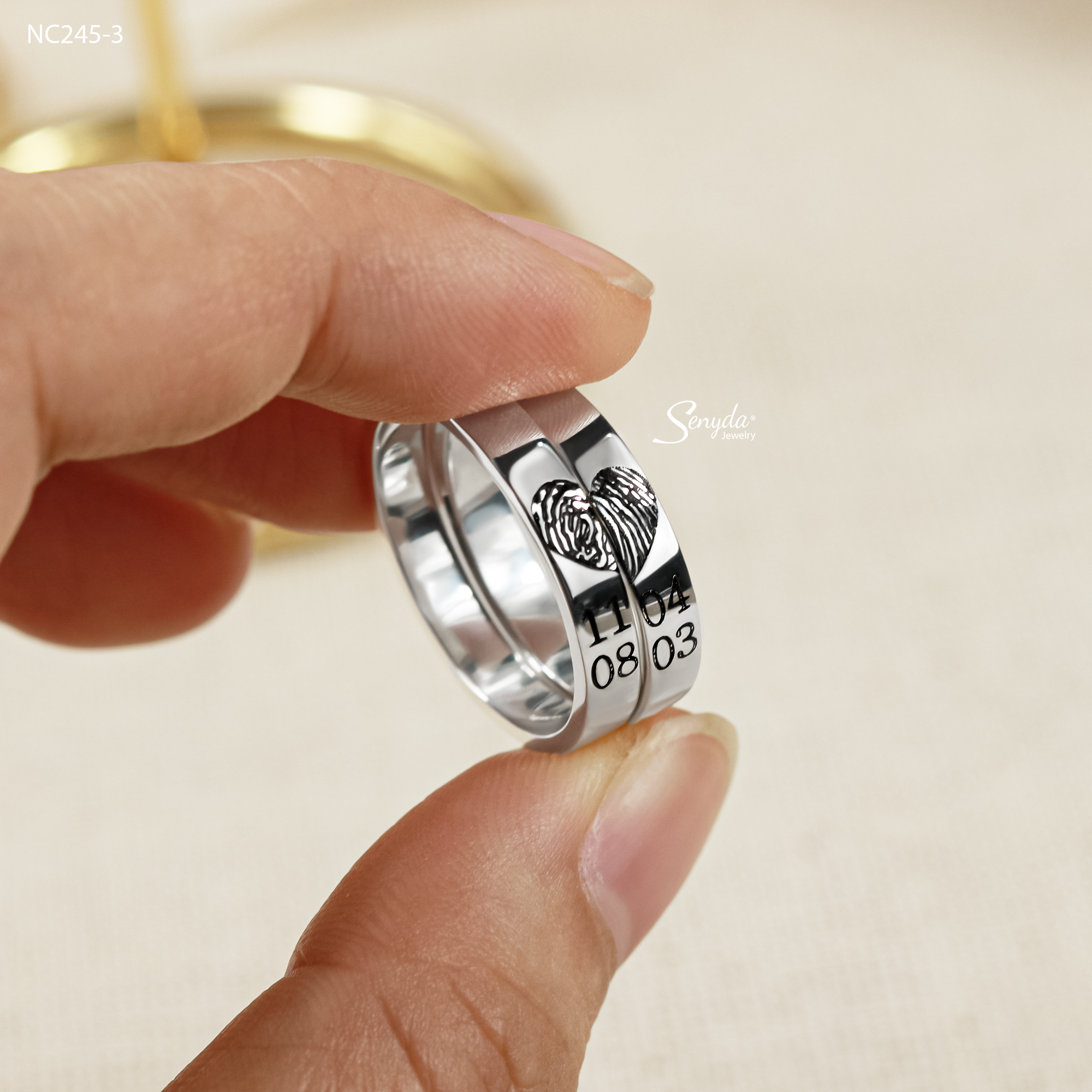NC245 Nhẫn đôi bạc Ý Senyda bản trơn khắc dấu vân tay