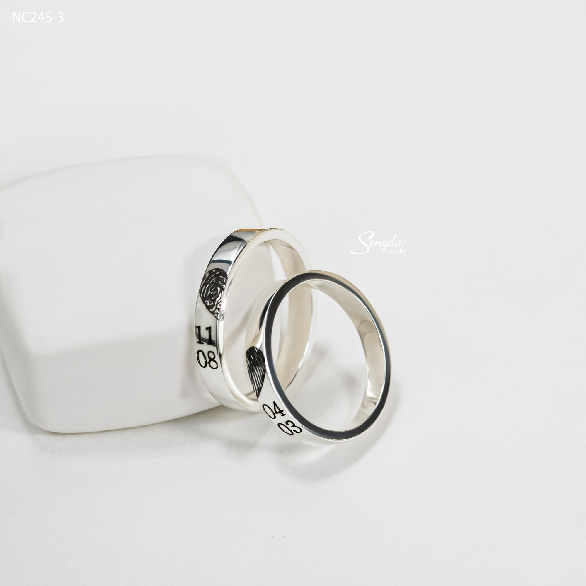 NC245 Nhẫn đôi bạc Ý Senyda bản trơn khắc dấu vân tay