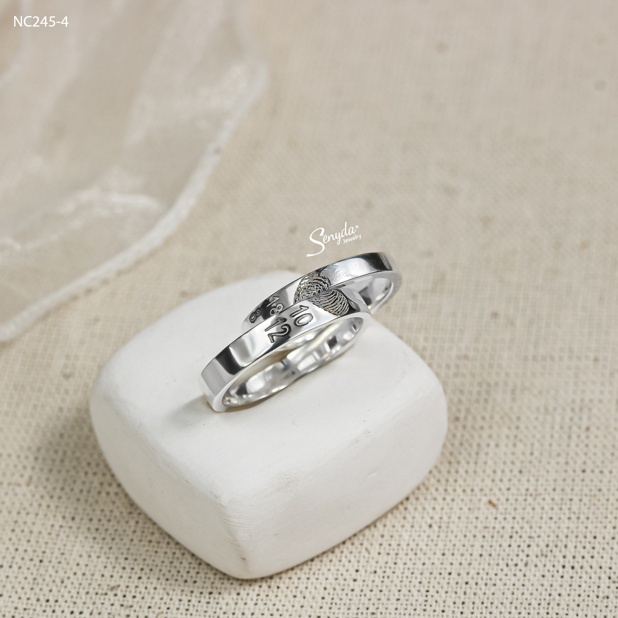 NC245 Nhẫn đôi bạc Ý Senyda bản trơn khắc dấu vân tay