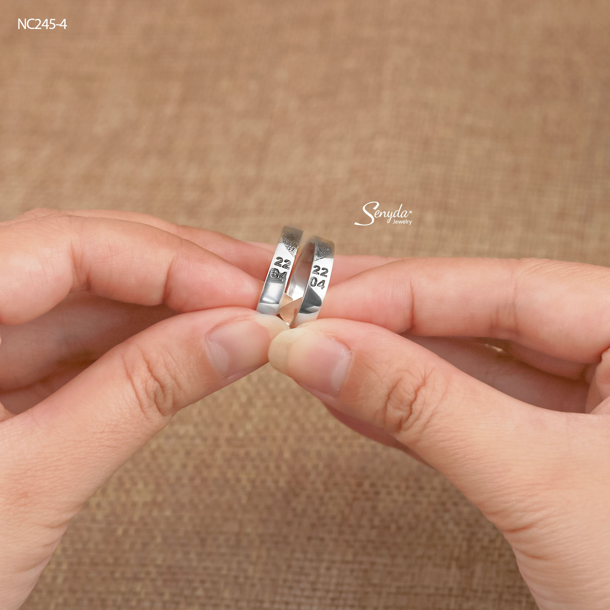 NC245 Nhẫn đôi bạc Ý Senyda bản trơn khắc dấu vân tay