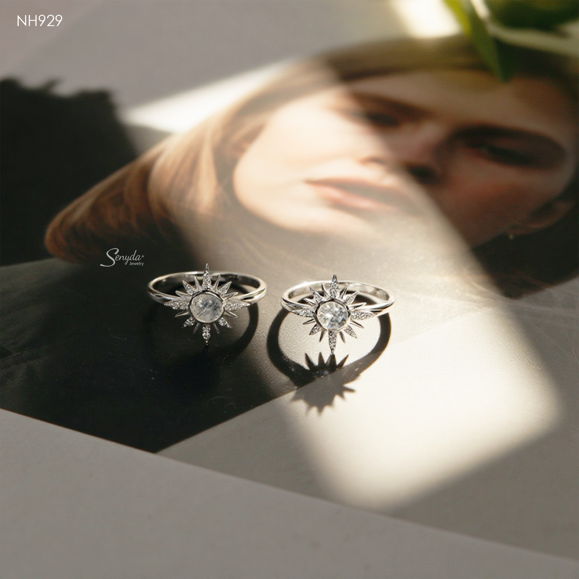 NH929 Nhẫn bạc Ý Senyda hình mặt trời đá Moonstone