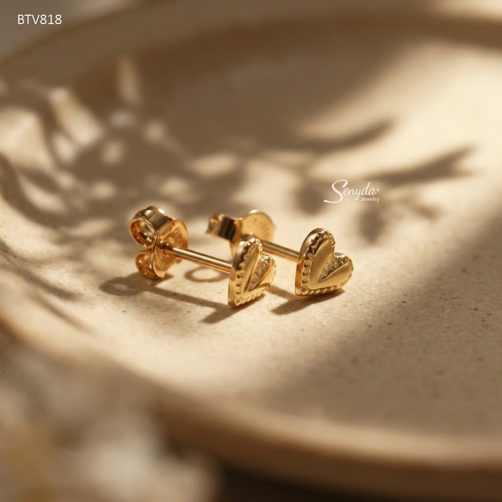 BTV818 Bông tai vàng Senyda trái tim trơn viền bi chốt đẩy
