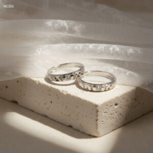 NC261 Nhẫn đôi bạc Ý Senyda 1 hột đai giác xen rãnh