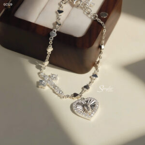 GC529 Lắc tay bạc Ý Senyda dây chữ cong xem tim mặt thánh giá đá treo charm tim