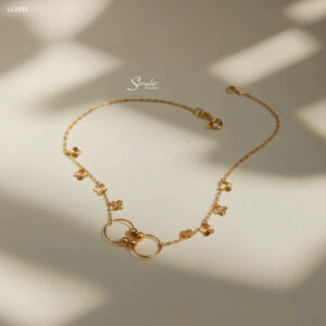 LCV035 Lắc chân vàng Senyda 2 vòng tròn hở 2 đầu bi hoa 4 cánh giác treo