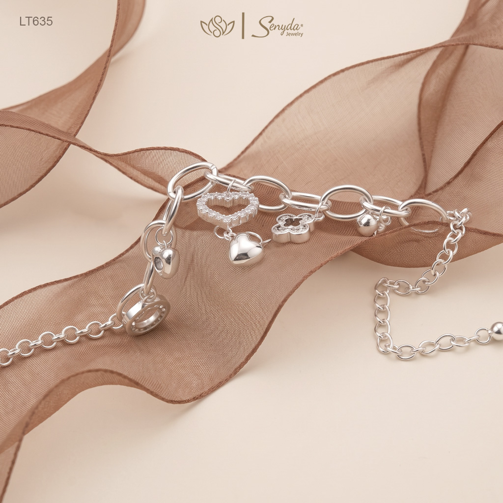 LT635 Lắc tay bạc Ý Senyda chữ cong tròn xen khoen dài charm treo