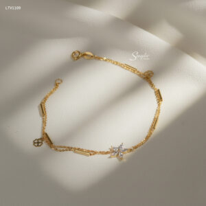 LTV1109 Lắc tay vàng Senyda dây cong kép xỏ ống trơn mặt hoa 5 cánh đá