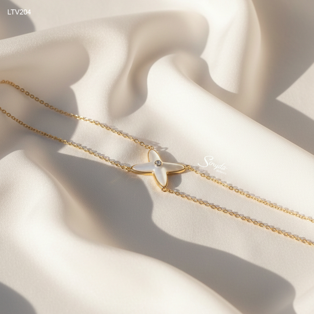 LTV204 Lắc tay vàng Senyda dây đôi mặt đá Xà cừ sao 4 cánh nụ đá