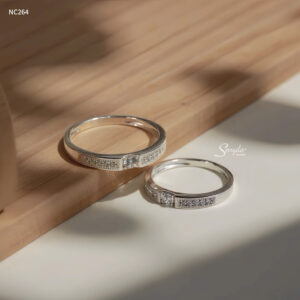 NC264 Nhẫn đôi bạc Ý Senyda 1 hột hàng đá 2 bên viền bi