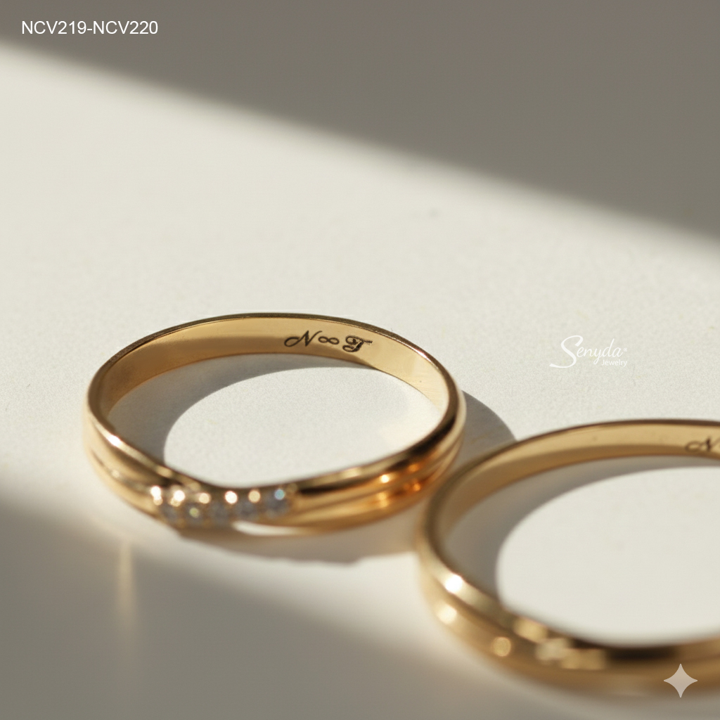 NCV219-NCV220 Nhẫn cưới vàng Senyda xoắn nơ trơn đá