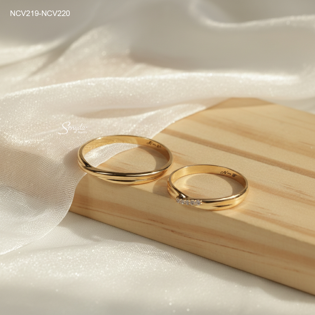 NCV219-NCV220 Nhẫn cưới vàng Senyda xoắn nơ trơn đá
