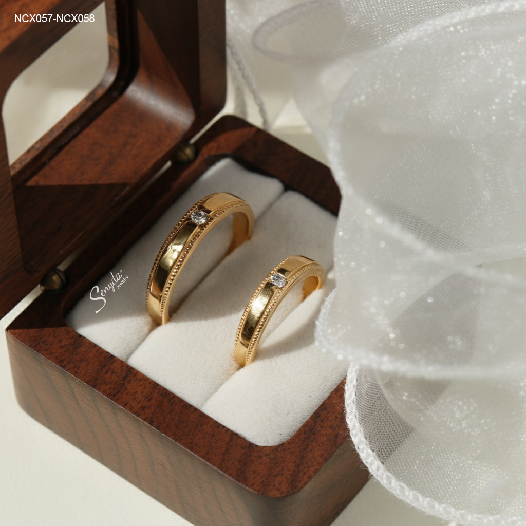 NCX057-NCX058 Nhẫn cưới kim cương cẩn 1 hột đai trơn