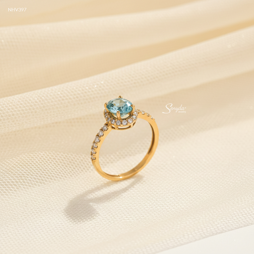 NHV397 Nhẫn vàng Senyda halo đá Zircon oval đai đá