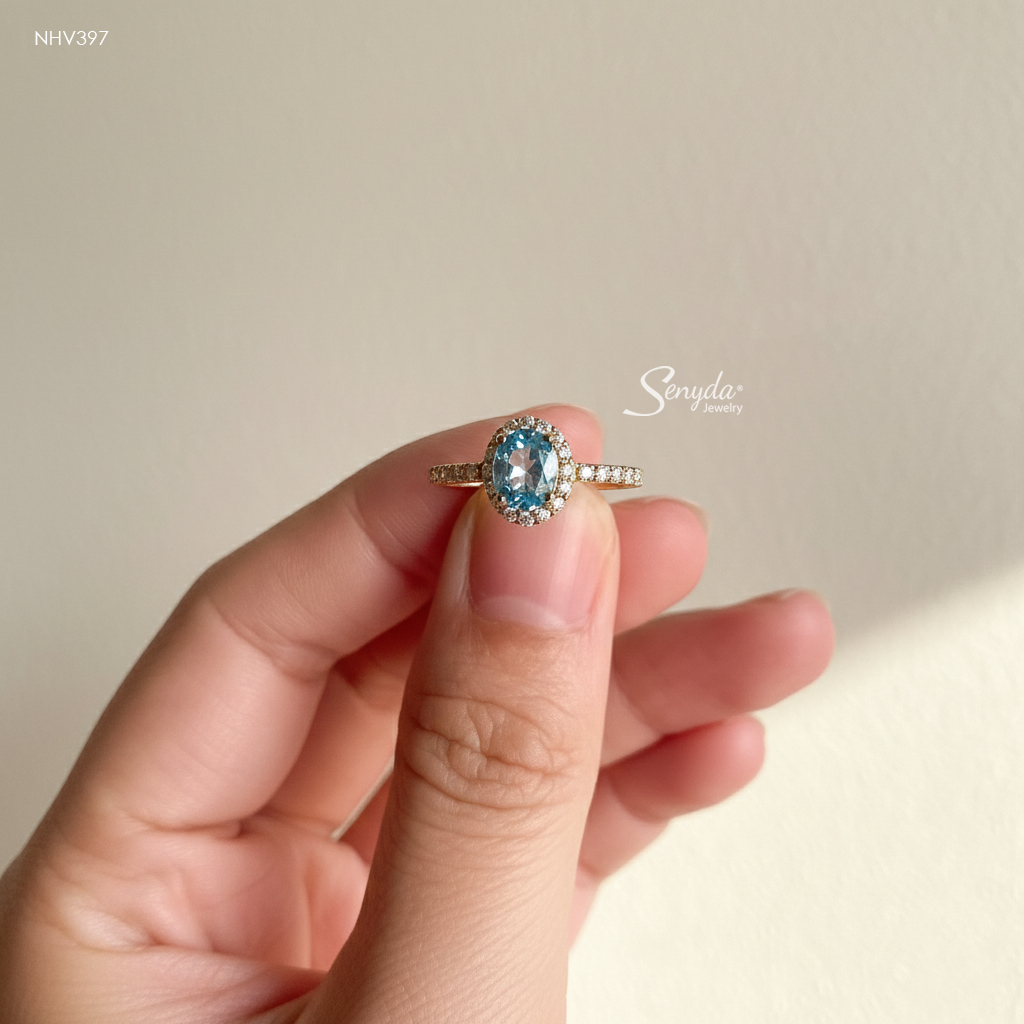 NHV397 Nhẫn vàng Senyda halo đá Zircon oval đai đá