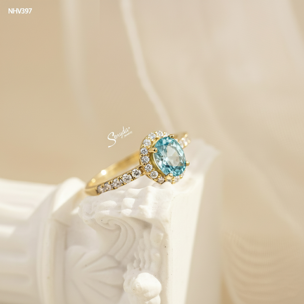 NHV397 Nhẫn vàng Senyda halo đá Zircon oval đai đá