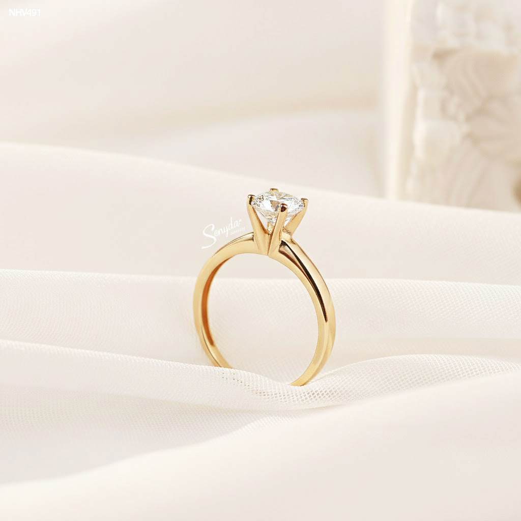 NHV491 Nhẫn vàng Senyda 1 hột 6,5mm đai trơn