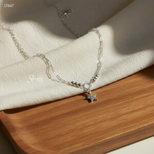 LT667 Lắc tay bạc Ý Senyda dây khoen dài nối khoen lật hoa 5 cánh đá treo