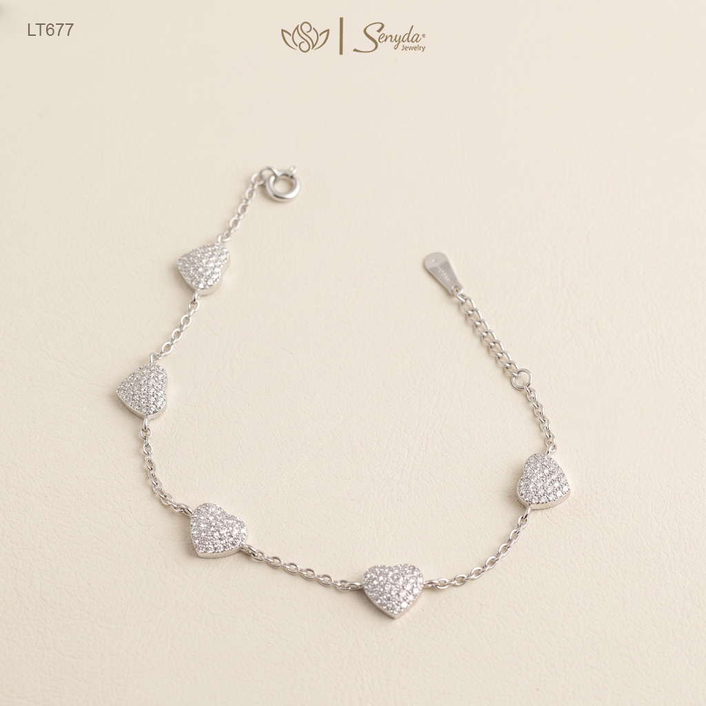 LT677 Lắc tay bạc Ý Senyda dây chữ cong xen tim đá