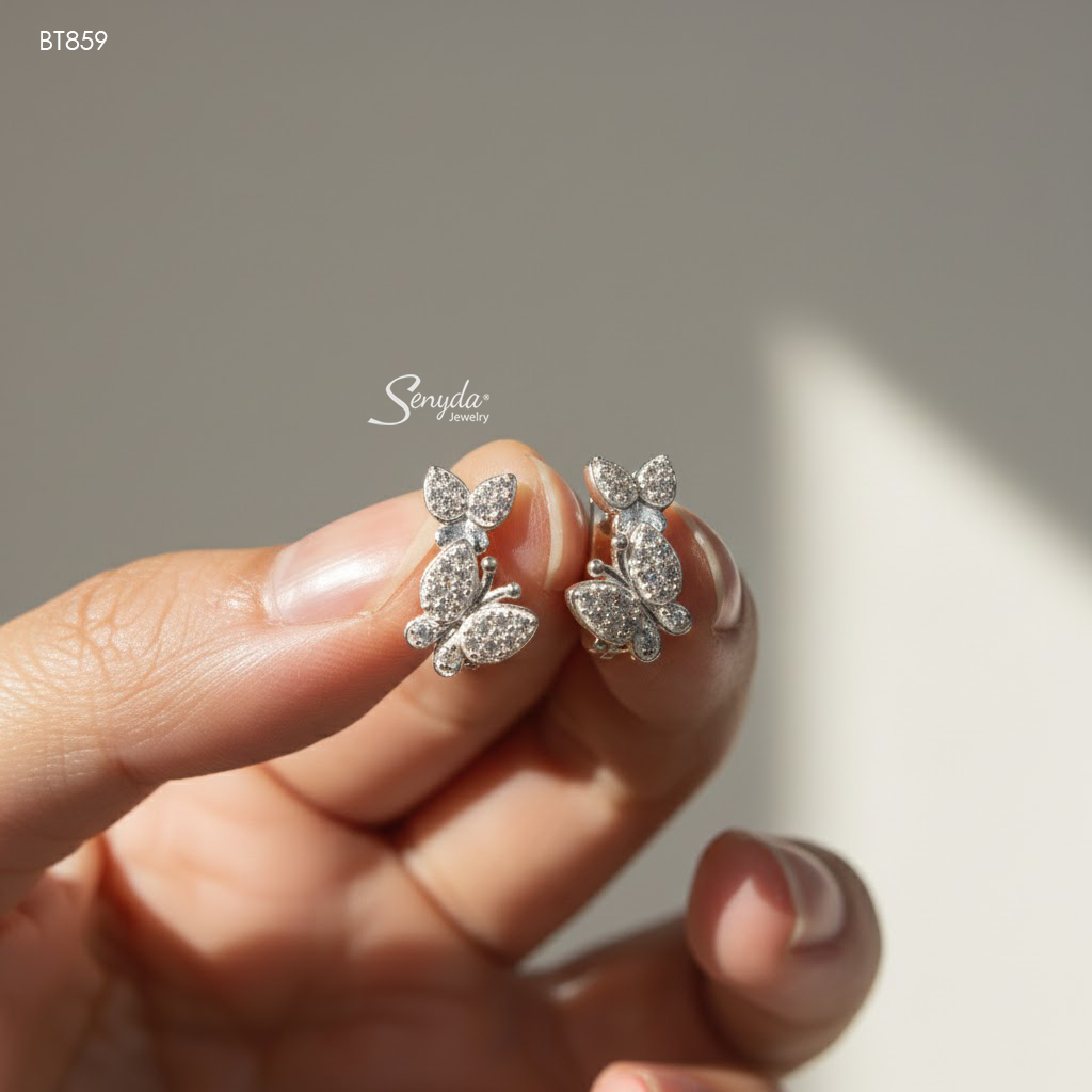 BT859 Bông tai bạc Ý Senyda khoen 2 bướm đá