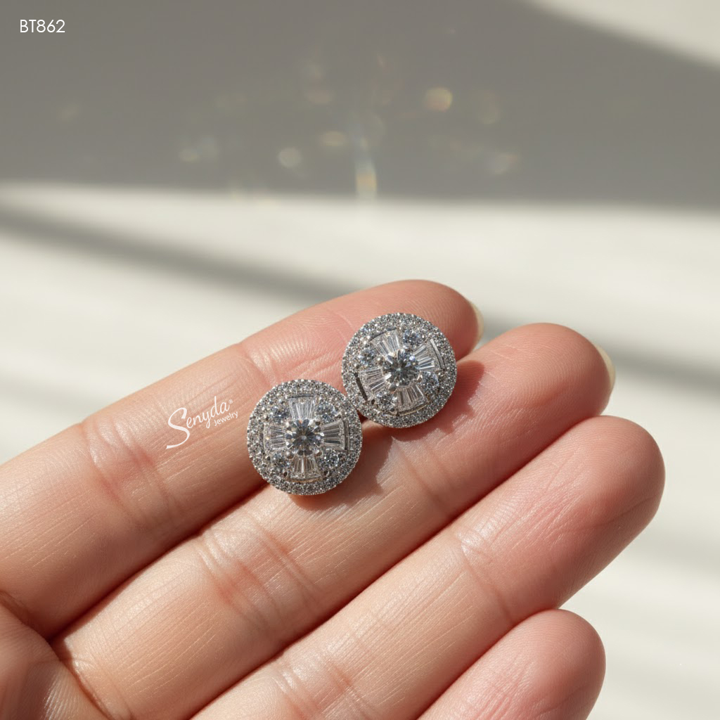 BT862 Bông tai bạc Ý Senyda 1 hột viền tròn barget