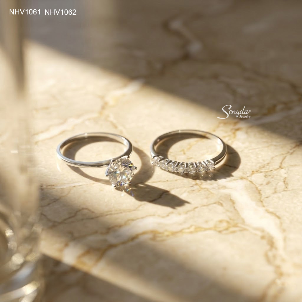 NHV1061-NHV1062 Nhẫn vàng Senyda nụ 4 chấu đai trơn, nhẫn nửa hàng đá