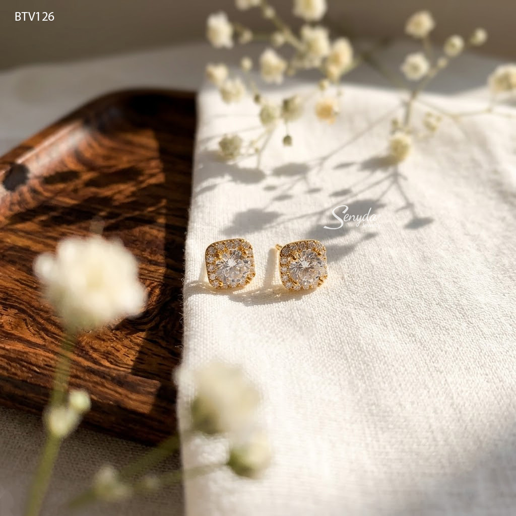 BTV126 Bông tai vàng Senyda 1 hột halo vuông