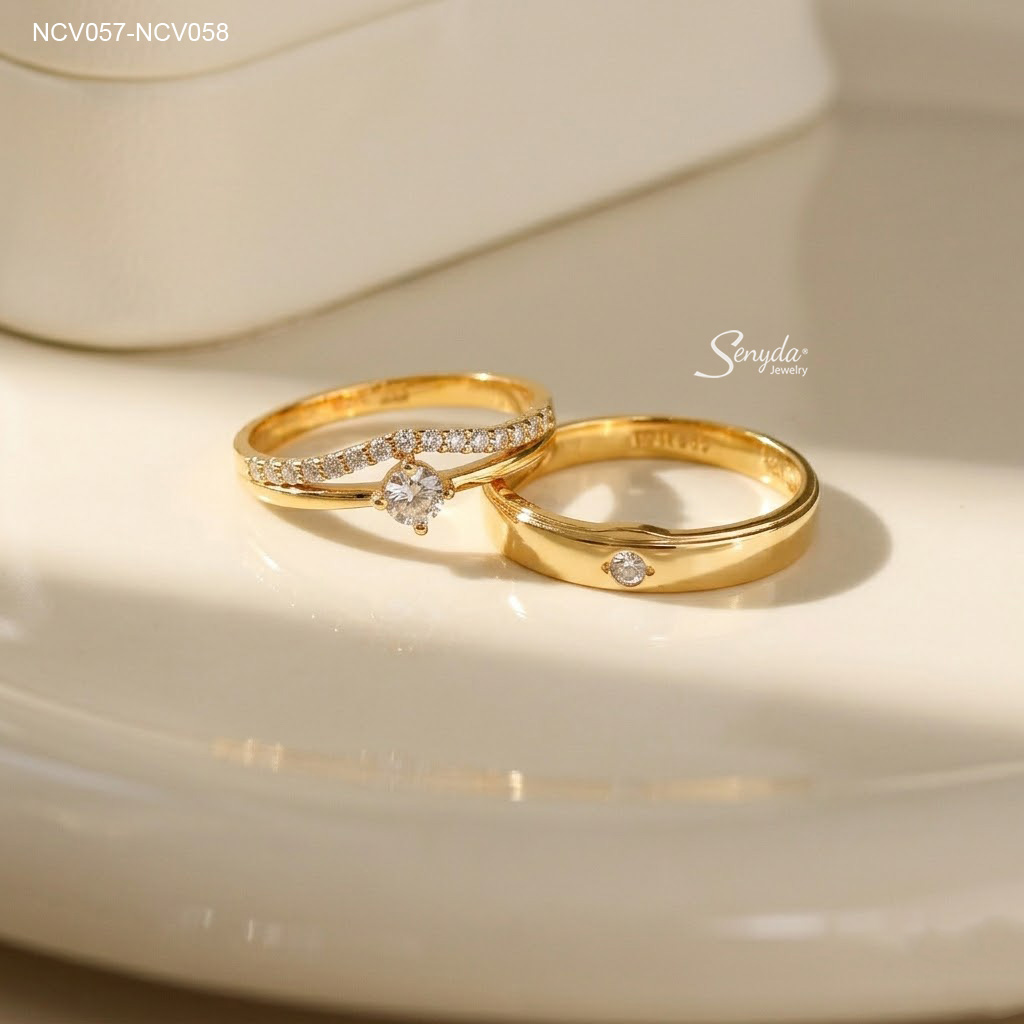 NCV057-NCV058 Nhẫn cưới vàng Senyda vương miện cẩn đá & hàng đá
