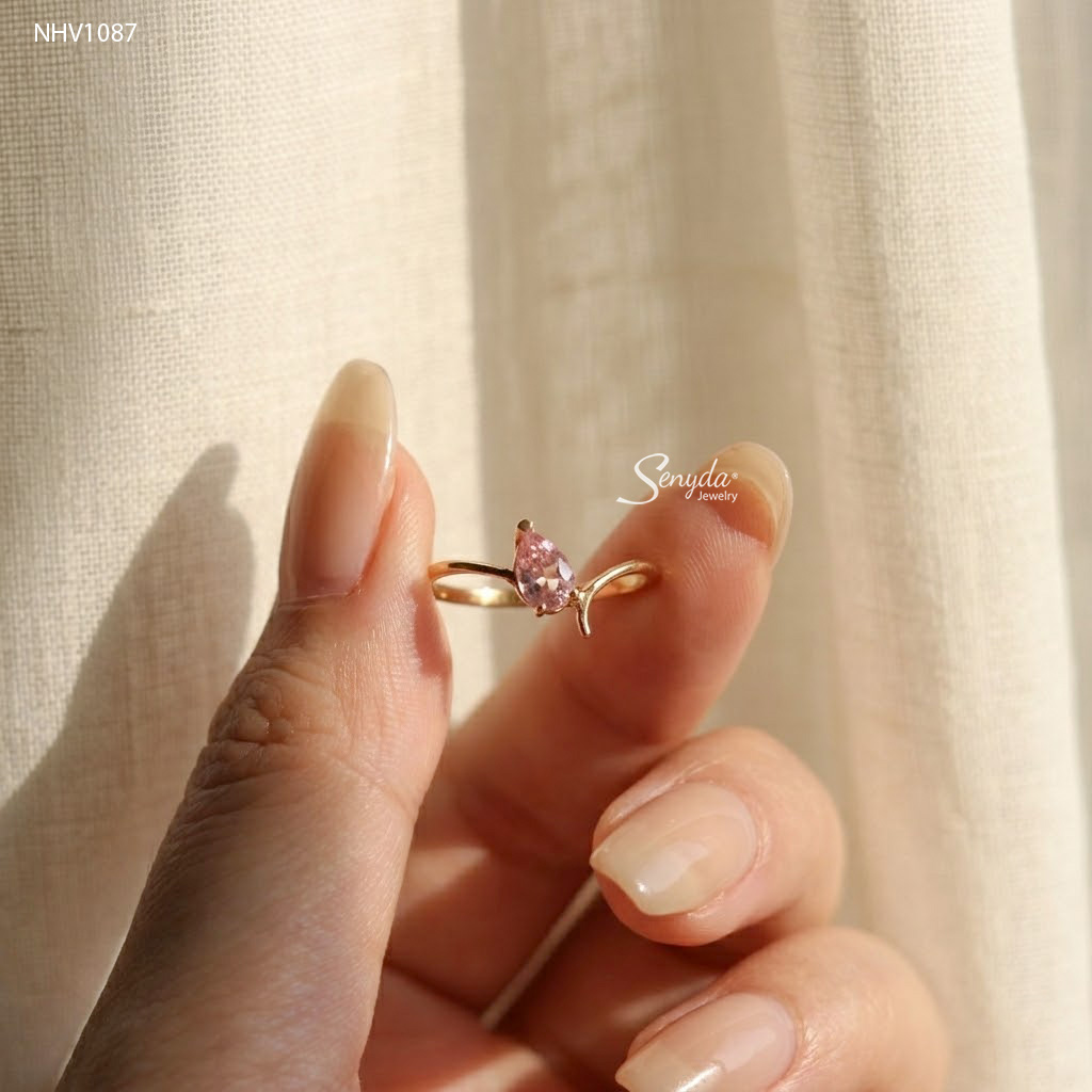 NHV1087 Nhẫn vàng Senyda đá Tourmaline giọt nước đai chéo trơn