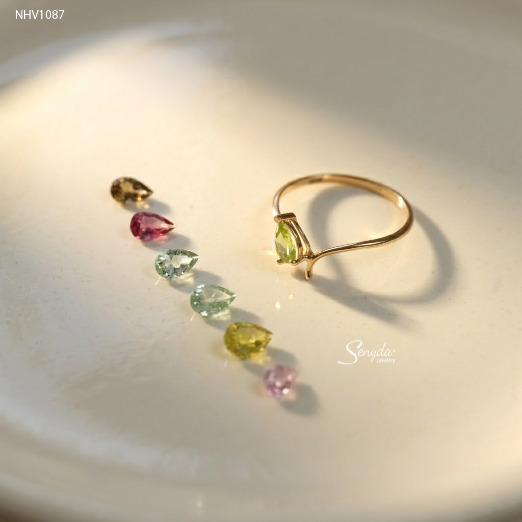 NHV1087 Nhẫn vàng Senyda đá Tourmaline giọt nước đai chéo trơn