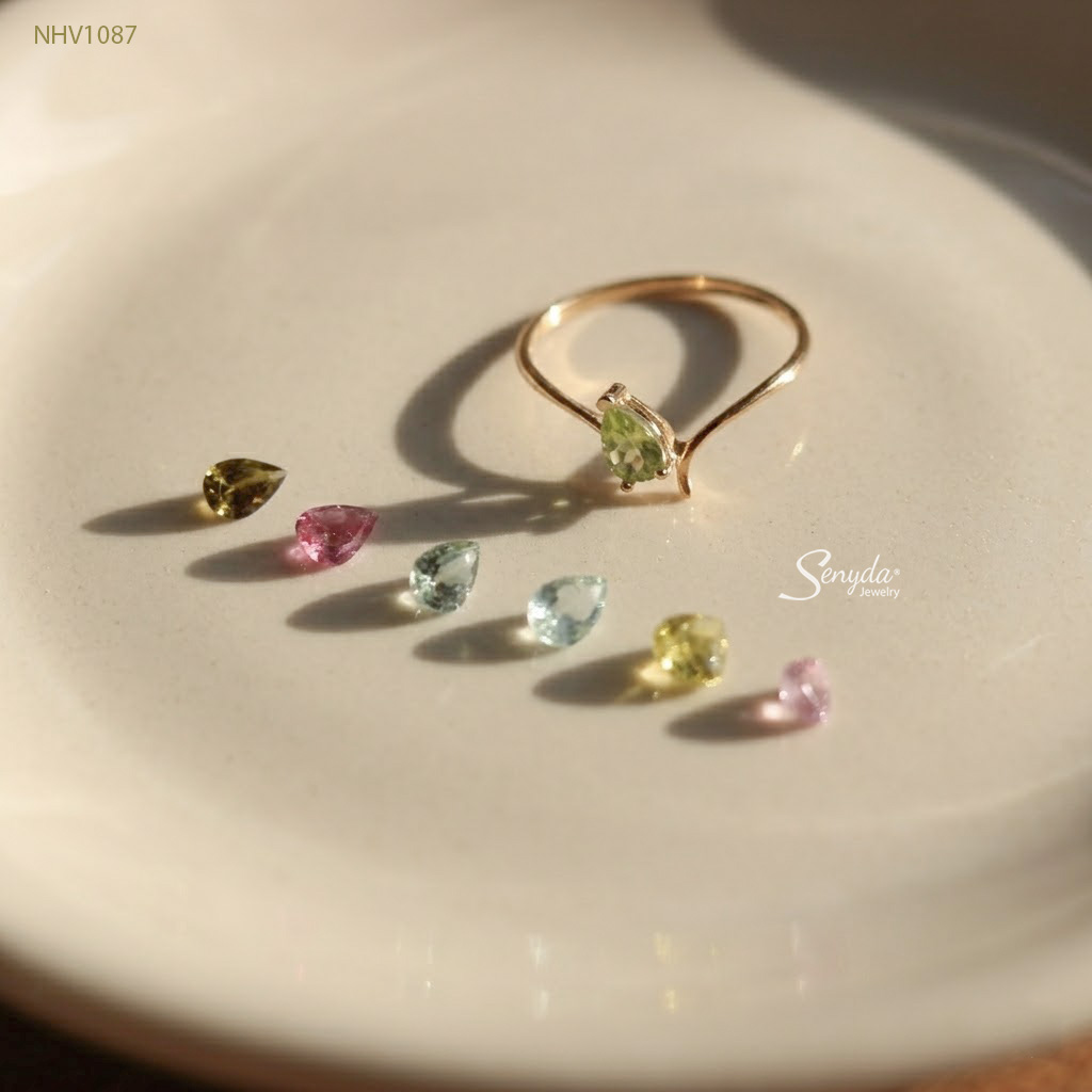 NHV1087 Nhẫn vàng Senyda đá Tourmaline giọt nước đai chéo trơn
