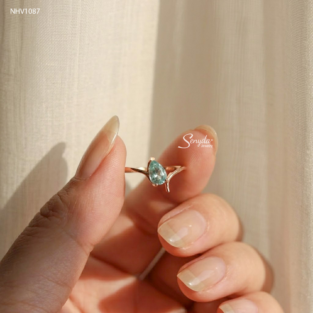 NHV1087 Nhẫn vàng Senyda đá Tourmaline giọt nước đai chéo trơn