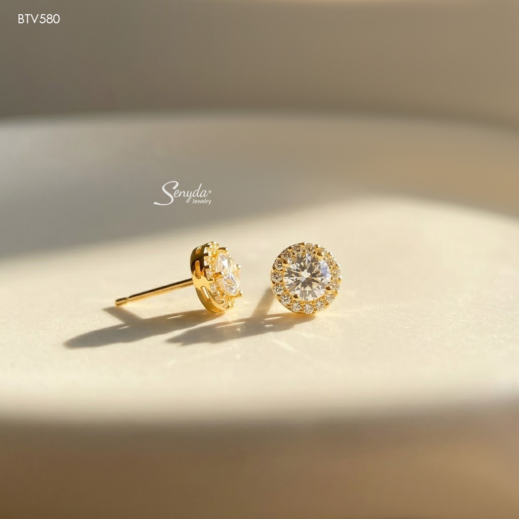BTV580 Bông tai vàng Senyda halo tròn nhụy đá 5mm