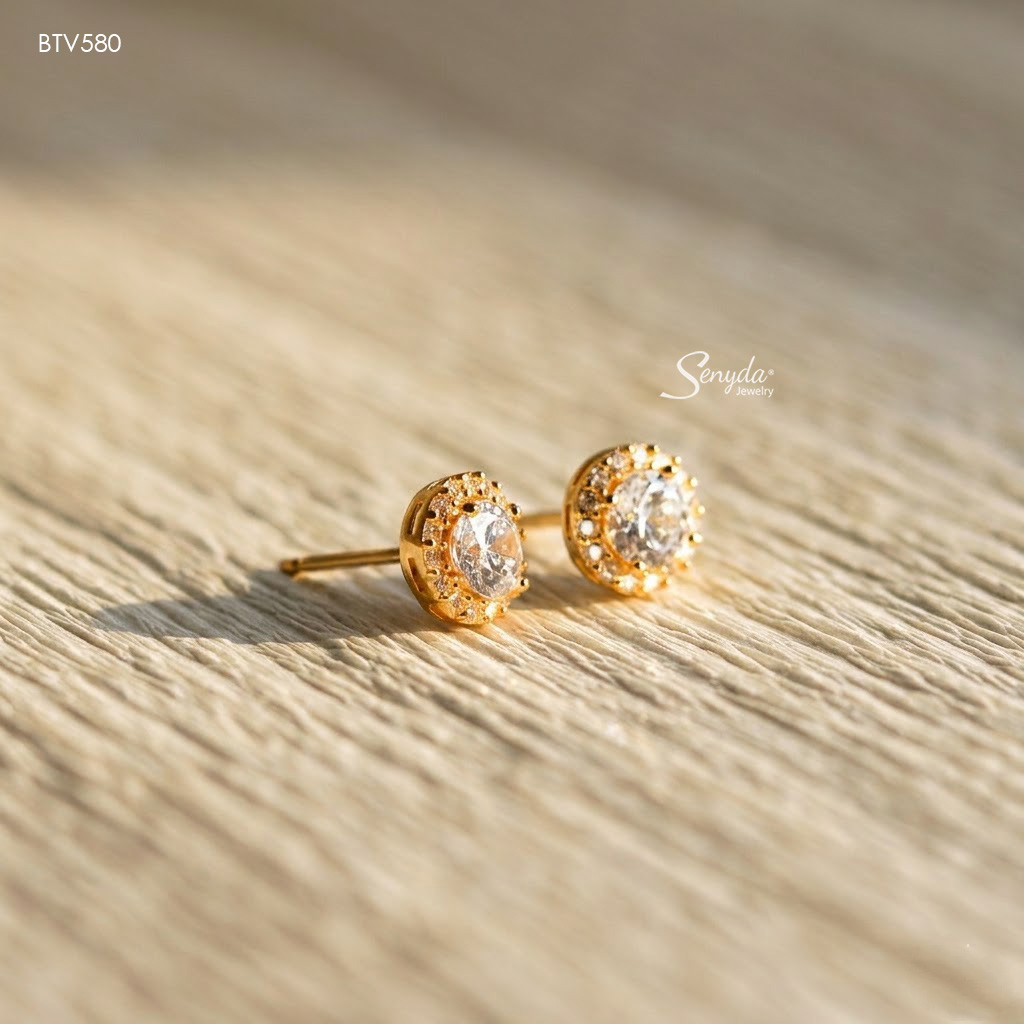 BTV580 Bông tai vàng Senyda halo tròn nhụy đá 5mm