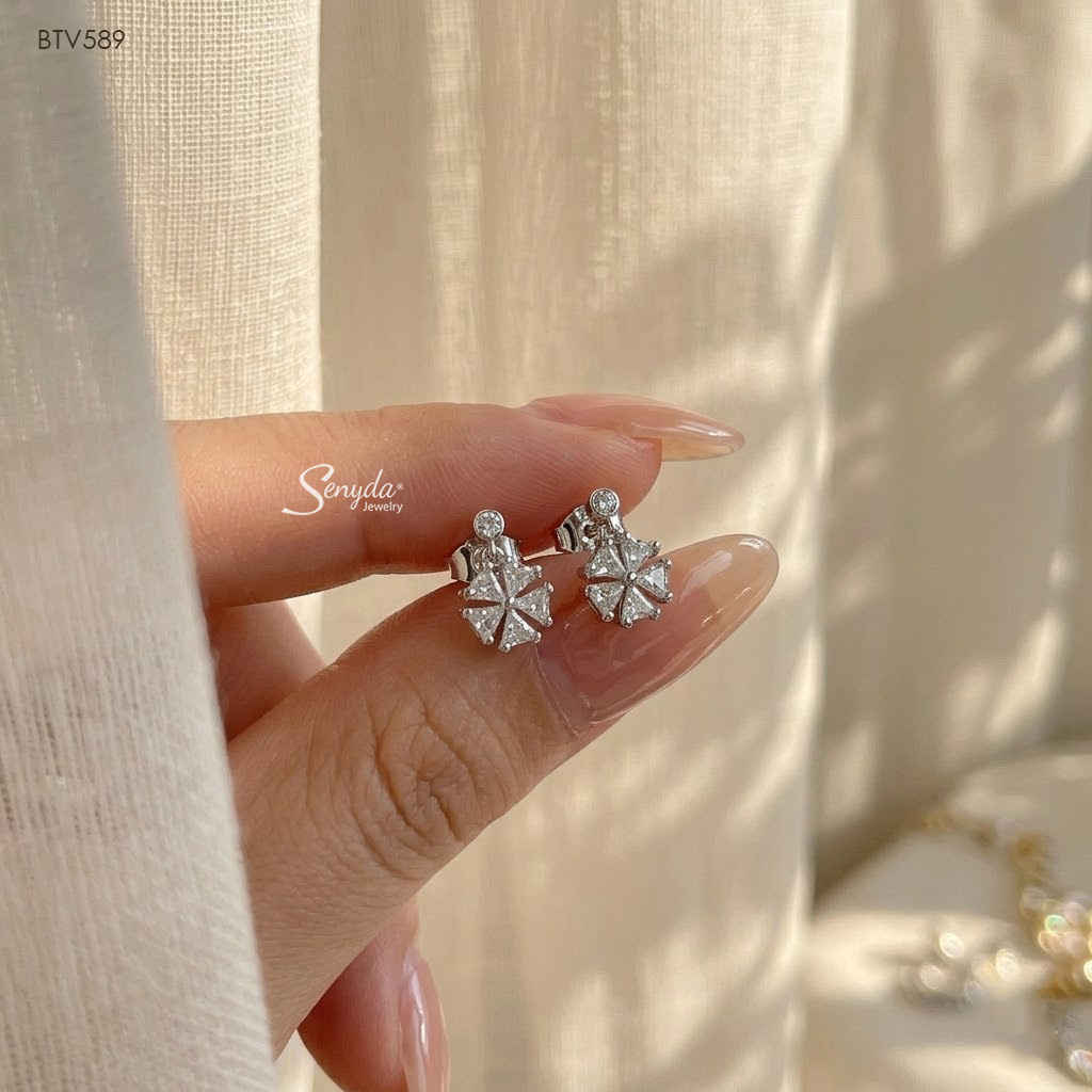 BTV589 Bông tai vàng Senyda nụ đá treo hoa 5 cánh đá tam giác