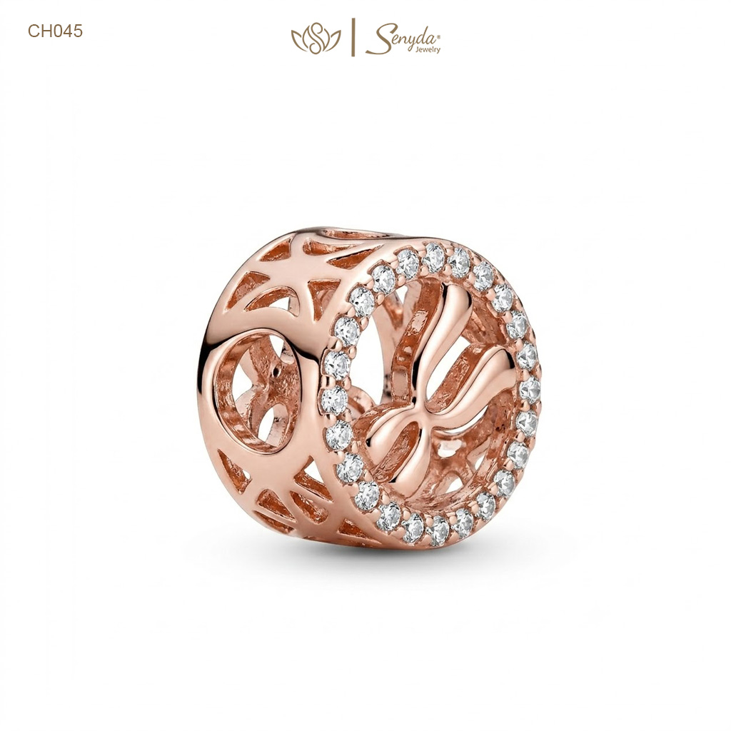 Charm Bạc Senyda trụ hoa văn viền đá xi hồng