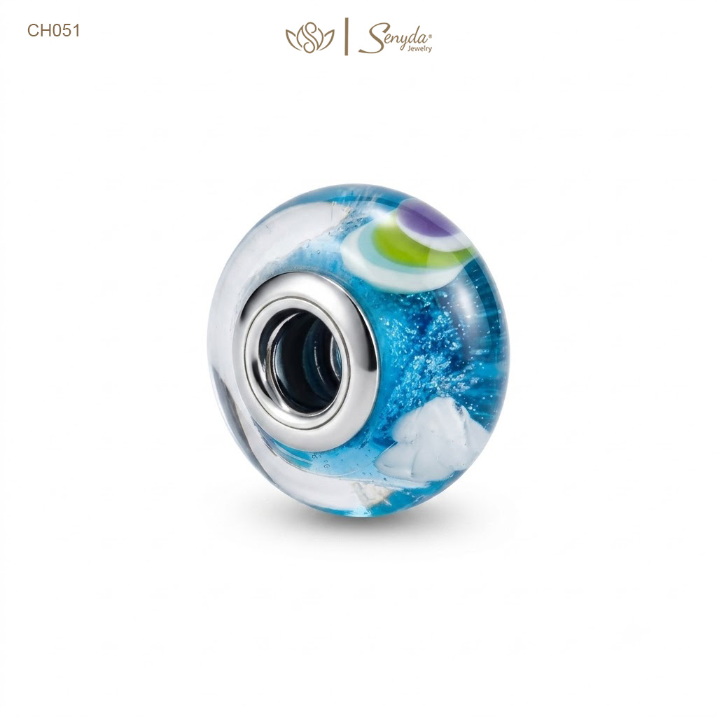 Charm Bạc thủy tinh Murano đám mây cầu vồng xỏ