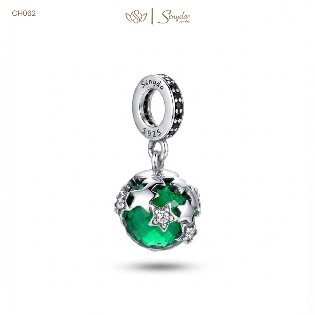 Charm Bạc thủy tinh Murano tròn ốp ngôi sao treo