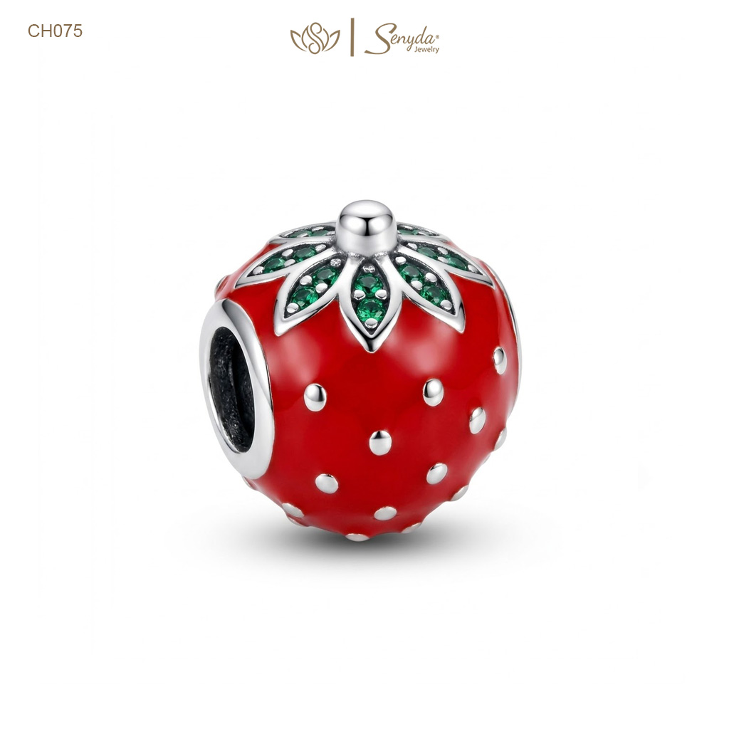 Charm Bạc dâu tây cuốn đá xỏ
