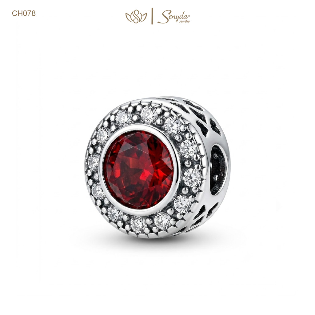 Charm Bạc pha lê giác đỏ viền tròn đá nhỏ xỏ