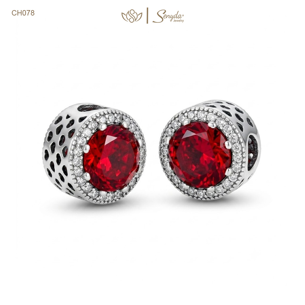 Charm Bạc pha lê giác đỏ viền tròn đá nhỏ xỏ