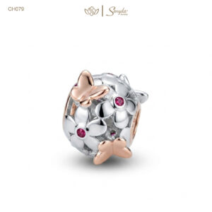 Charm Bạc hoa 5 cánh nụ đá hồng bướm hồng xỏ
