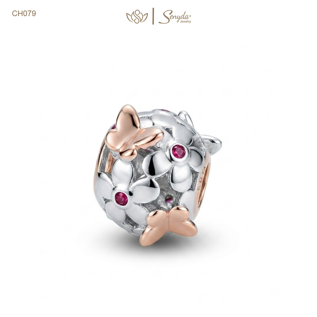 Charm Bạc hoa 5 cánh nụ đá hồng bướm hồng xỏ