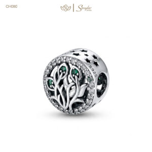 Charm Bạc Senyda nhánh lá nụ đá xanh viền tròn xỏ