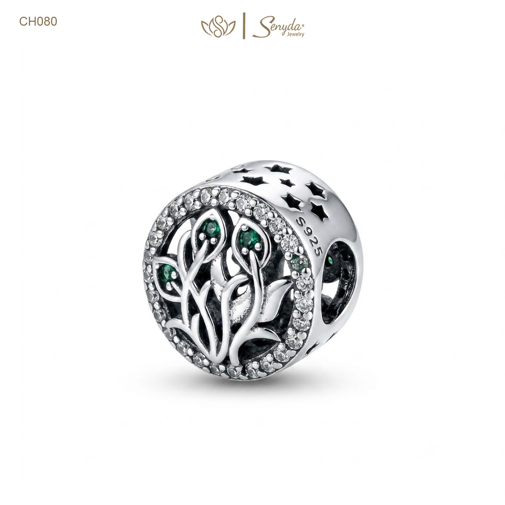 Charm Bạc Senyda nhánh lá nụ đá xanh viền tròn xỏ