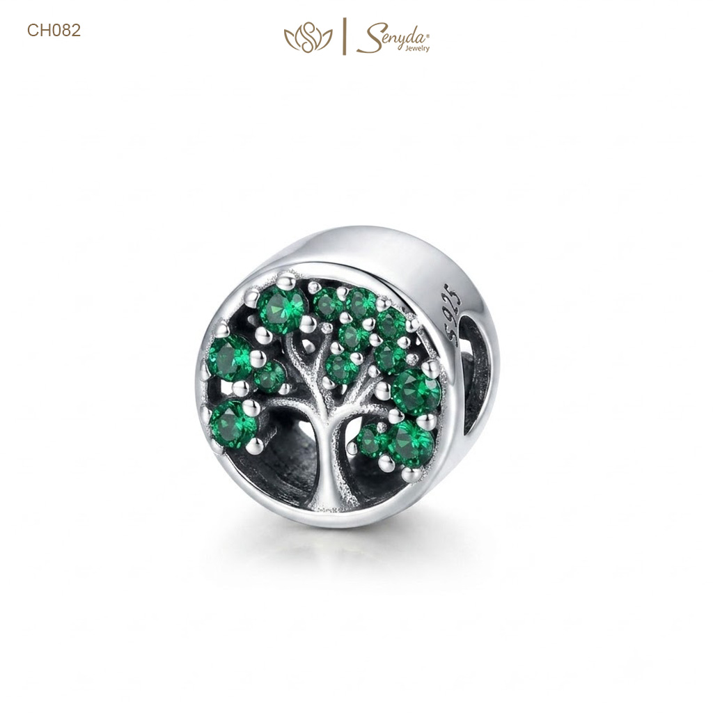 Charm Bạc Senyda cây đời đá xanh lá xỏ