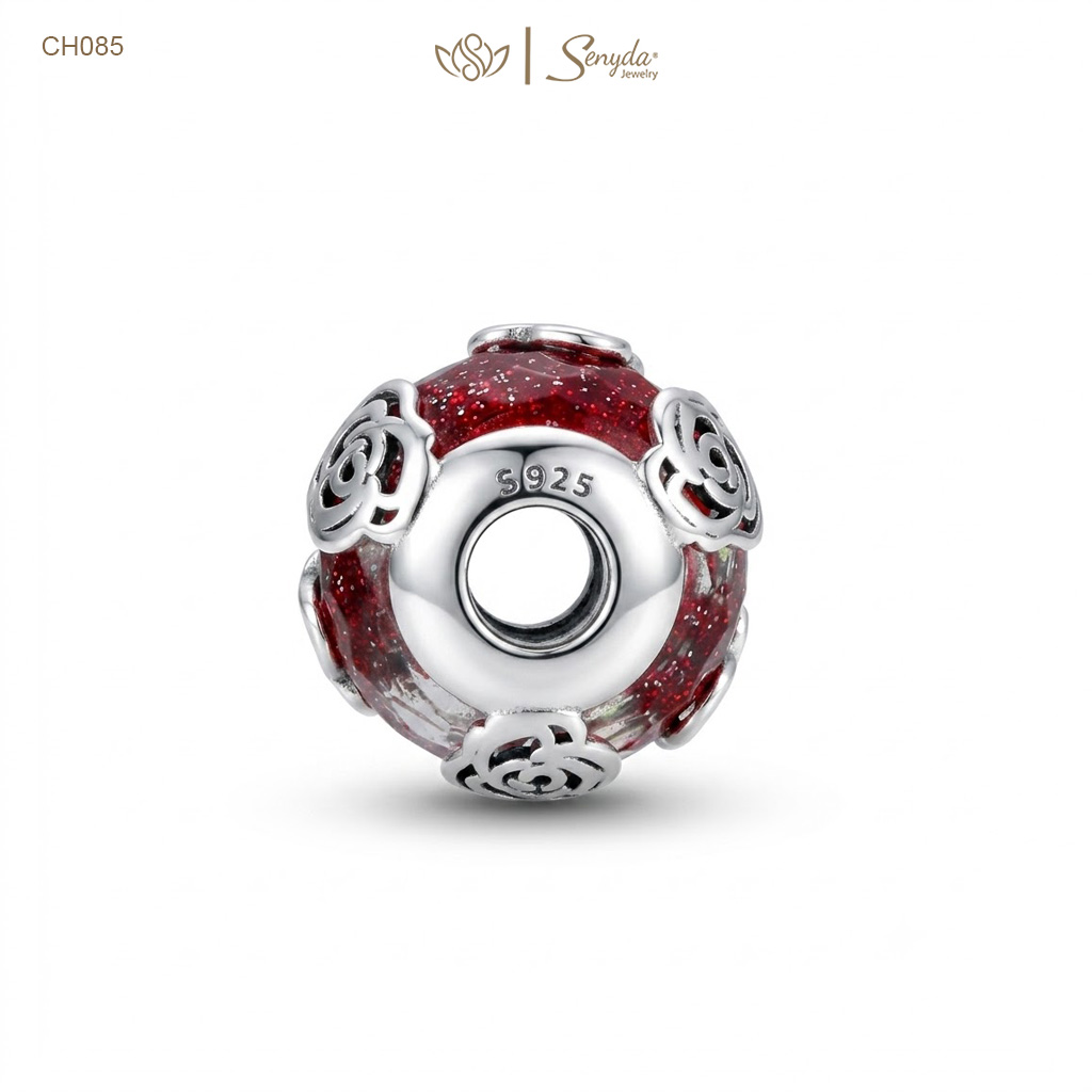Charm Bạc Senyda thủy tinh Murano đỏ ốp hoa hồng xỏ