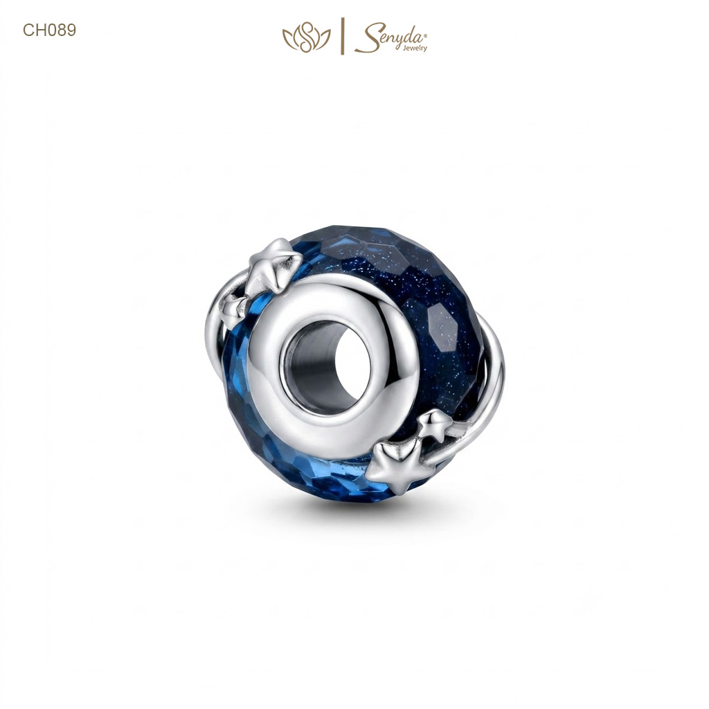 Charm Bạc Senyda thủy tinh Murano xanh dương đậm ốp sao băng xỏ