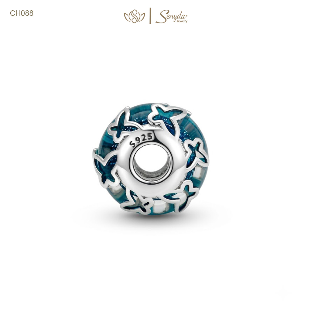 Charm Bạc Senyda thủy tinh Murano xanh dương ốp bướm rỗng xỏ