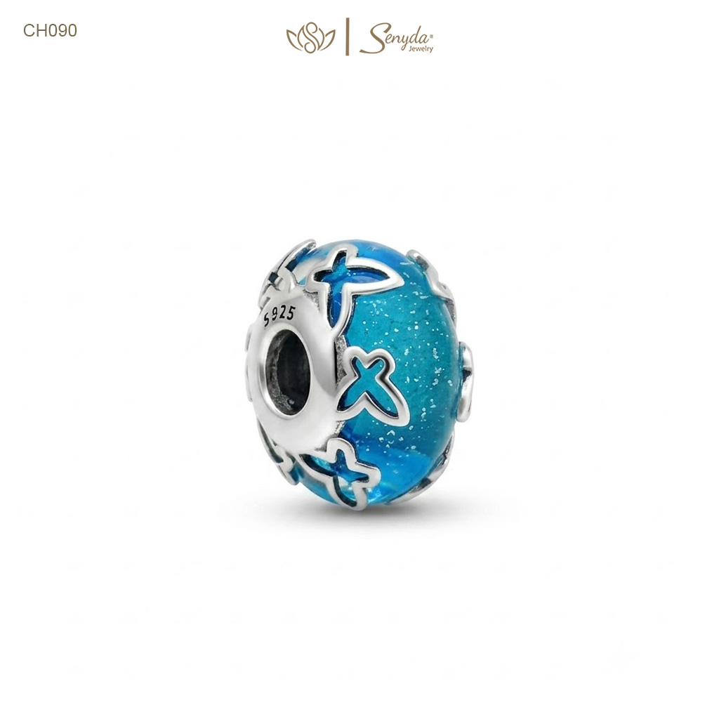 Charm Bạc Senyda thủy tinh Murano xanh dương ốp bướm rỗng xỏ
